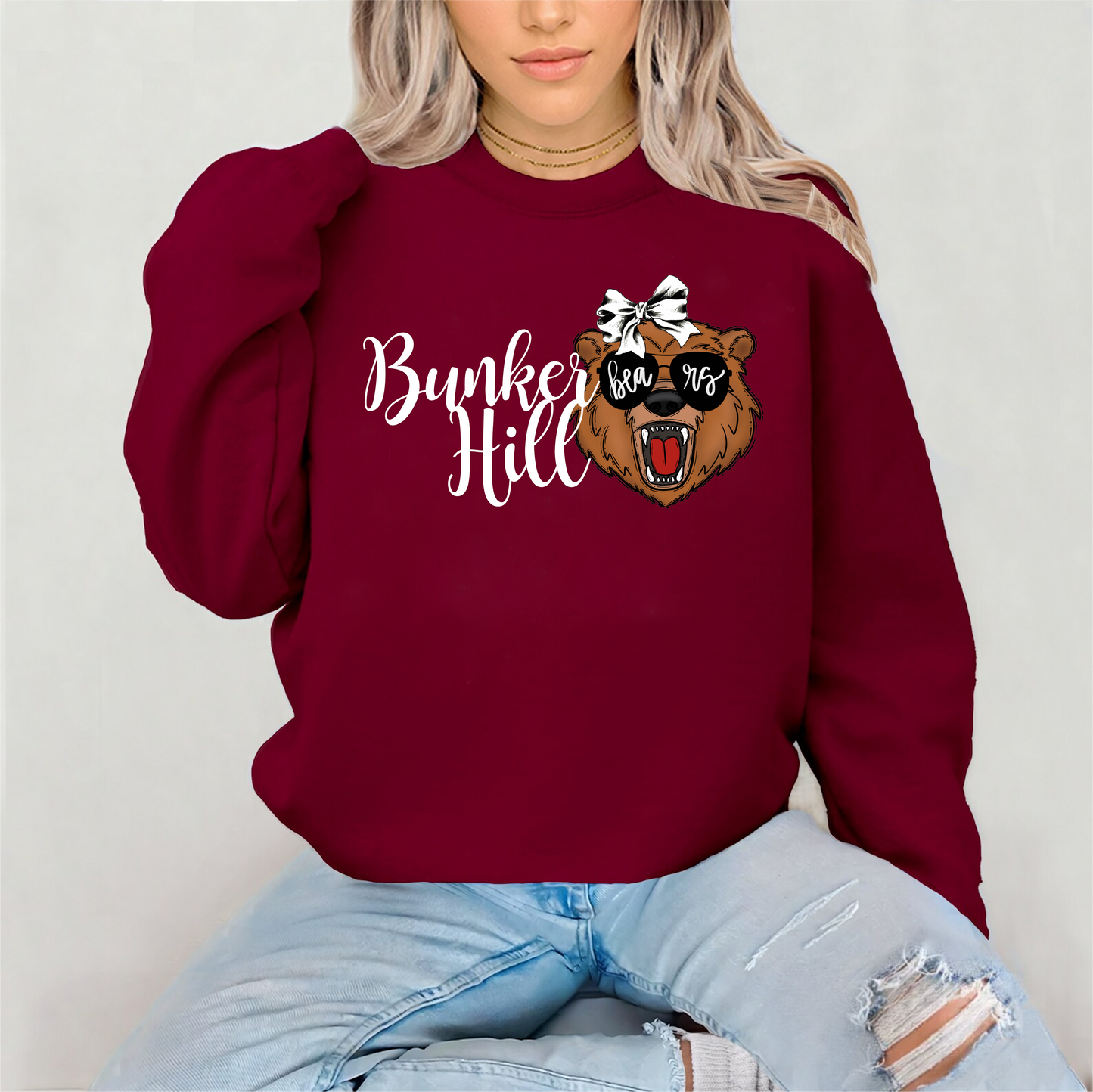 Cute Bear with White bow on Burgandy